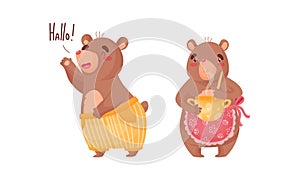 Cute Bear in Apron Cooking and Greeting Vector Set
