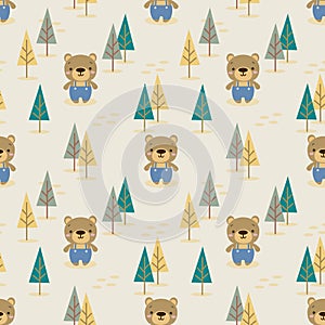 Cute bear in autumn forest seamless pattern