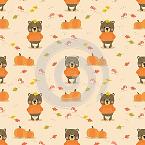 Cute bear in autumn seamless pattern