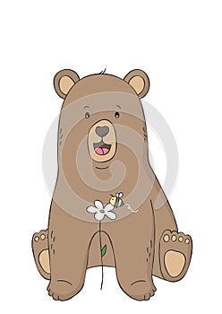 Cute bear and bee on flower. Woodland animal.