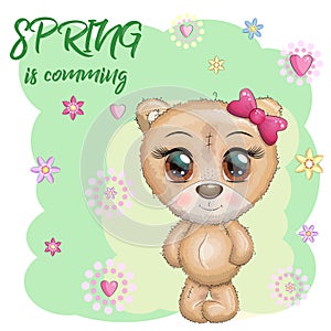 Cute bear with big eyes and a bouquet of flowers, Spring is coming