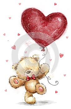 Cute bear with big red heart. Love design.Valentines day postcard.