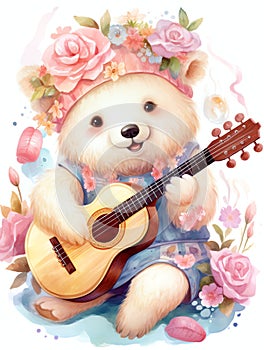 Cute Bear with Boho Guitar for kids nursery illustration, wall art decoration photo