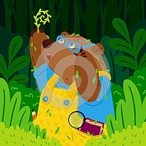 Cute bear botanist in glasses, explores new plants. Gardening grizzly. Animal in the forest. Vector children illustration for kids