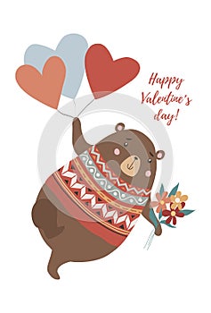 Cute bear with bouquet of flowers flying on the heart-shaped balloons in hand drawn style