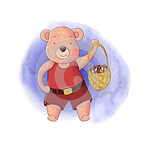 Cute bear boy with a basket of mushrooms