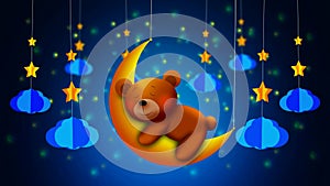 Cute bear cartoon sleeping on the moon, best loop video screen background for a lullaby to put a baby to sleep