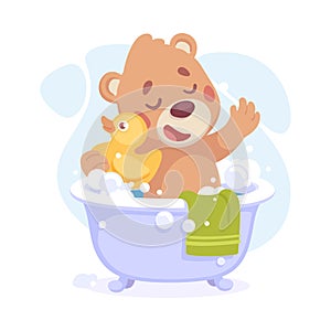Cute Bear Character Bathing in Bathtub with Rubber Duck Vector Illustration