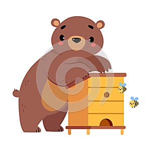 Cute Bear Character with Rounded Ears at Beehouse Vector Illustration