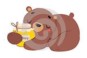 Cute Bear Character with Rounded Ears Sleeping with Honey Jar Vector Illustration