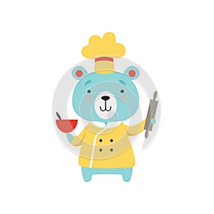 Cute bear in chef uniform holding rolling pin and bowl, cartoon animal character cooking vector Illustration on a white