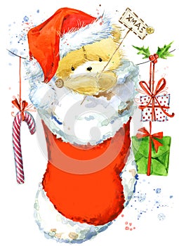 Cute Bear. Christmas Card with cute teddy bear. Watercolor Teddy Bear illustration. Background for New Year invitation card. photo