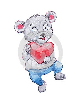 Cute bear clothed holding heart