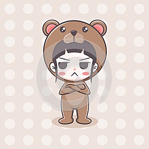 Cute bear costume girl with sulk expression cartoon character photo