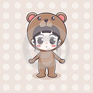 Cute bear costume girl with peace expression cartoon character