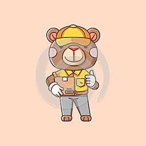 Cute bear courier package delivery animal chibi character mascot icon flat line art style illustration concept cartoon