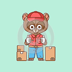 Cute bear courier package delivery animal chibi character mascot icon flat line art style illustration concept cartoon