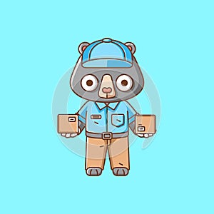 Cute bear courier package delivery animal chibi character mascot icon flat line art style illustration concept cartoon