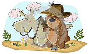 Cute bear cub cowboy walking with his best friend horse