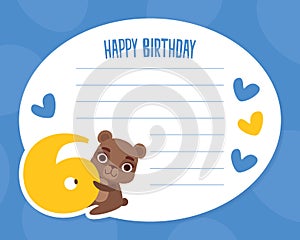 Cute Bear Cub at White Empty Lined Card Holding Six Number Vector Template