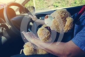 Cute bear doll companion on lap while driving car, man together