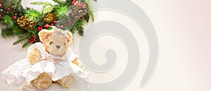 Cute bear in dress. For Christmas cards greetings, New Year illustrations