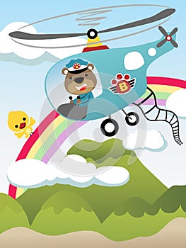 Cute bear driving helicopter on sky objects background, bird perch on rainbow