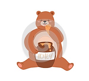 Cute bear eating honey from paw. Happy teddy with pot. Funny baby animal and honeypot. Positive lovely childish