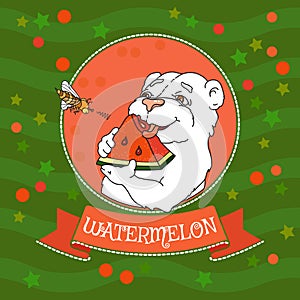 Cute bear eating a slice of watermelon. Vector illustration.