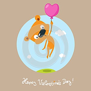 Cute bear fly with heart balloon valentines daybrown background - flat design