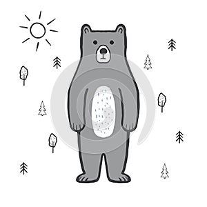Cute bear in the forest, sun. Doodle, sketch, childish illustration. Hand drawn bear photo
