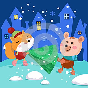 Cute bear and fox are carrying Christmas tree. Cartoon characters on street in city. Single composition, scene on