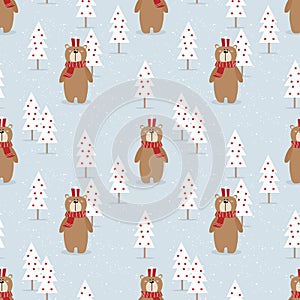 Cute bear and gift in Christmas season seamless pattern