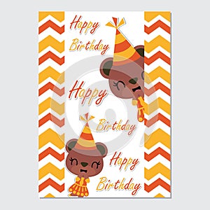 Cute bear girl on chevron border cartoon illustration for happy birthday card design