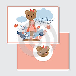 Cute bear girl on flowers garden suitable for Spring card design