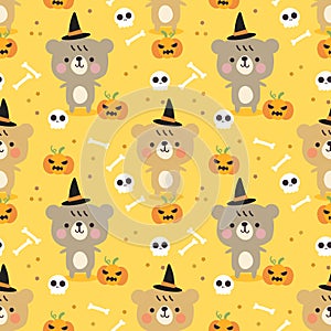 Cute Bear and Halloween Pumpkins Seamless Pattern