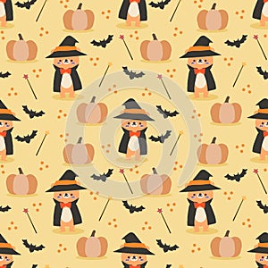 Cute Bear in Halloween Witch Costume Seamless Pattern