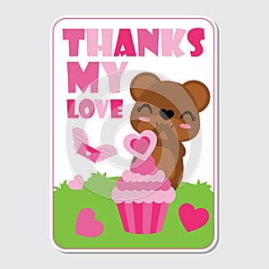 Cute bear is happy get pink cupcake love on the garden cartoon illustration for Happy Valentine card design