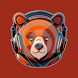 Cute Bear Head Listening Music Cartoon Vector