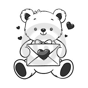 Cute bear hold love letter line art vector illustration