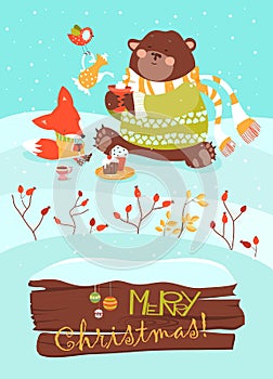 Cute bear and little fox celebrating Christmas