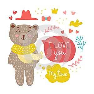 Cute bear in love postcard illustration set