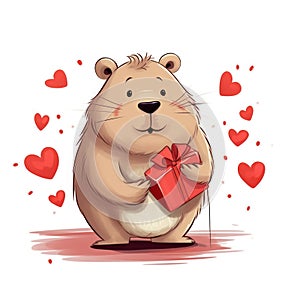 Cute Bear in love with red present box and hearts around. Valentines day postcard design