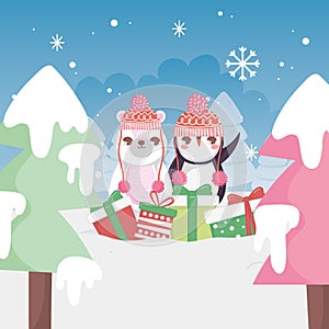 Cute bear and penguin landscpae winter trees merry christmas