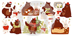 Cute bear and rabbit best friends funny cartoon characters isolated set vector illustration