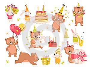 Cute bear and rabbit friends kids characters celebrating birthday party event exchanging gifts