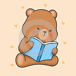 Cute bear reading a book cartoon hand drawn style