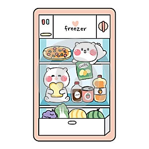 Cute bear in refrigerator with food and beverage cartoon.Animal character