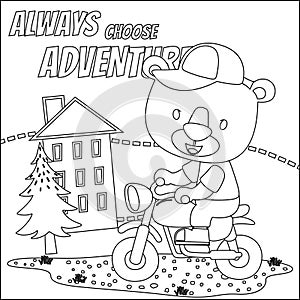 cute bear ride motorcycle funny animal cartoon. Creative vector childish design for kids activity coloring