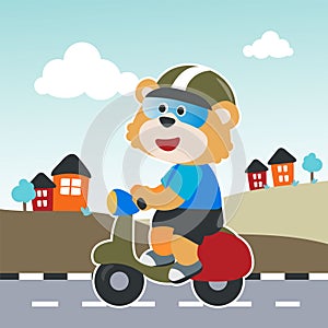 Cute bear Riding Scooter Cartoon Vector Icon Illustration. Can be used for t-shirt printing, children wear fashion designs, baby